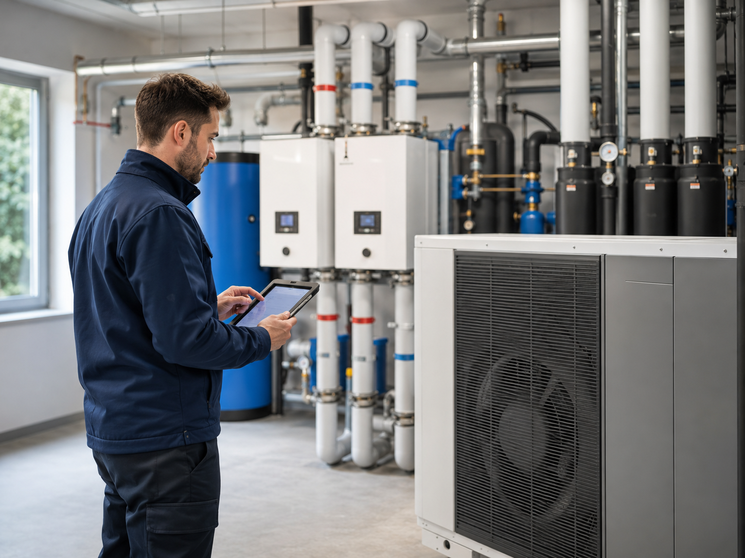 Technicien réalisant une étude technique pour une installation énergétique collective