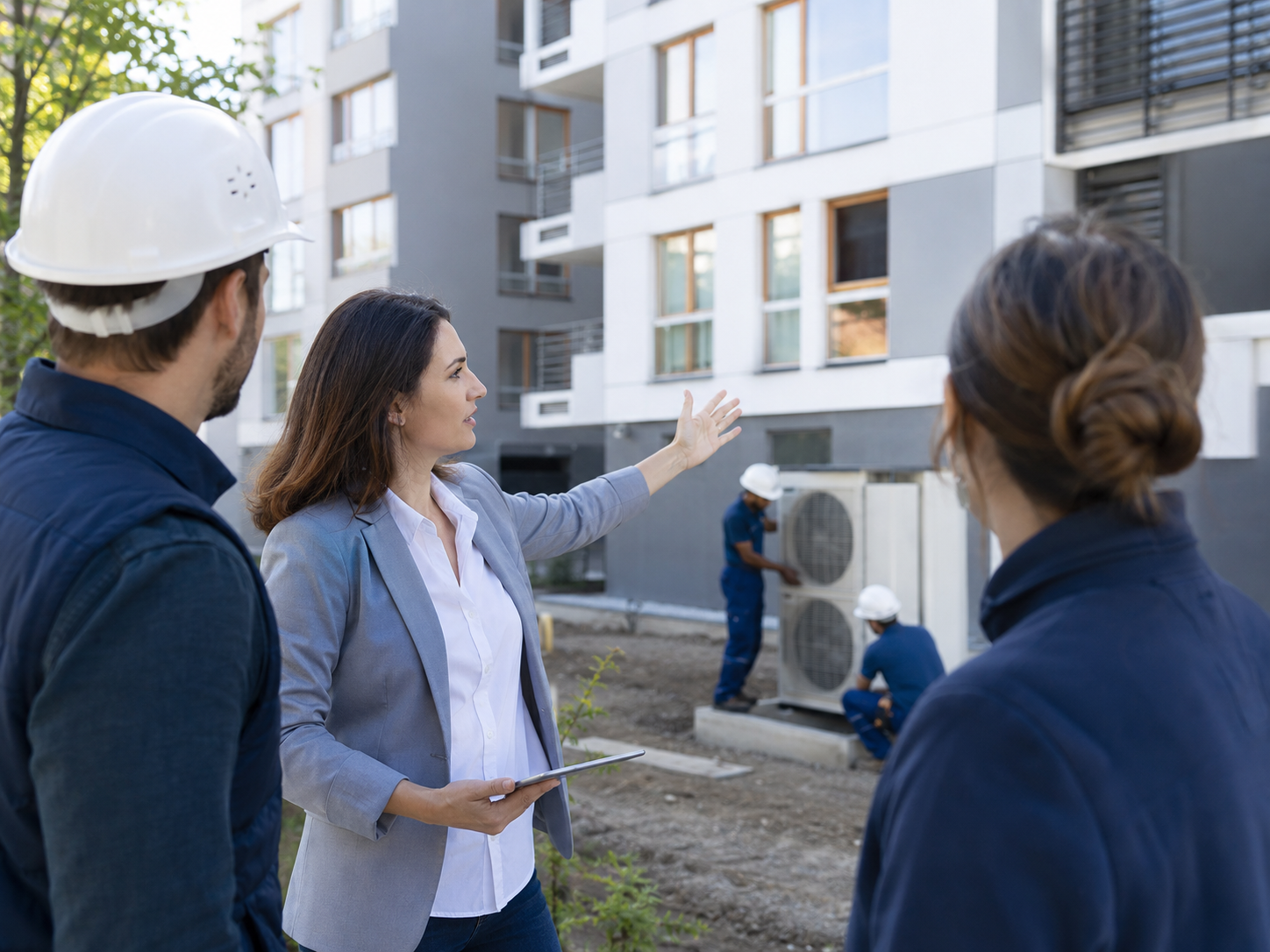 Visite de site devant une résidence dans le cadre d'un projet énergétique